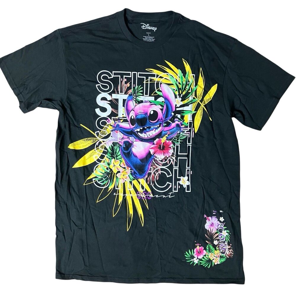 Lilo And Stitch T-Shirt Mens L Black Hawaiian Colorful Short Sleeve Floral